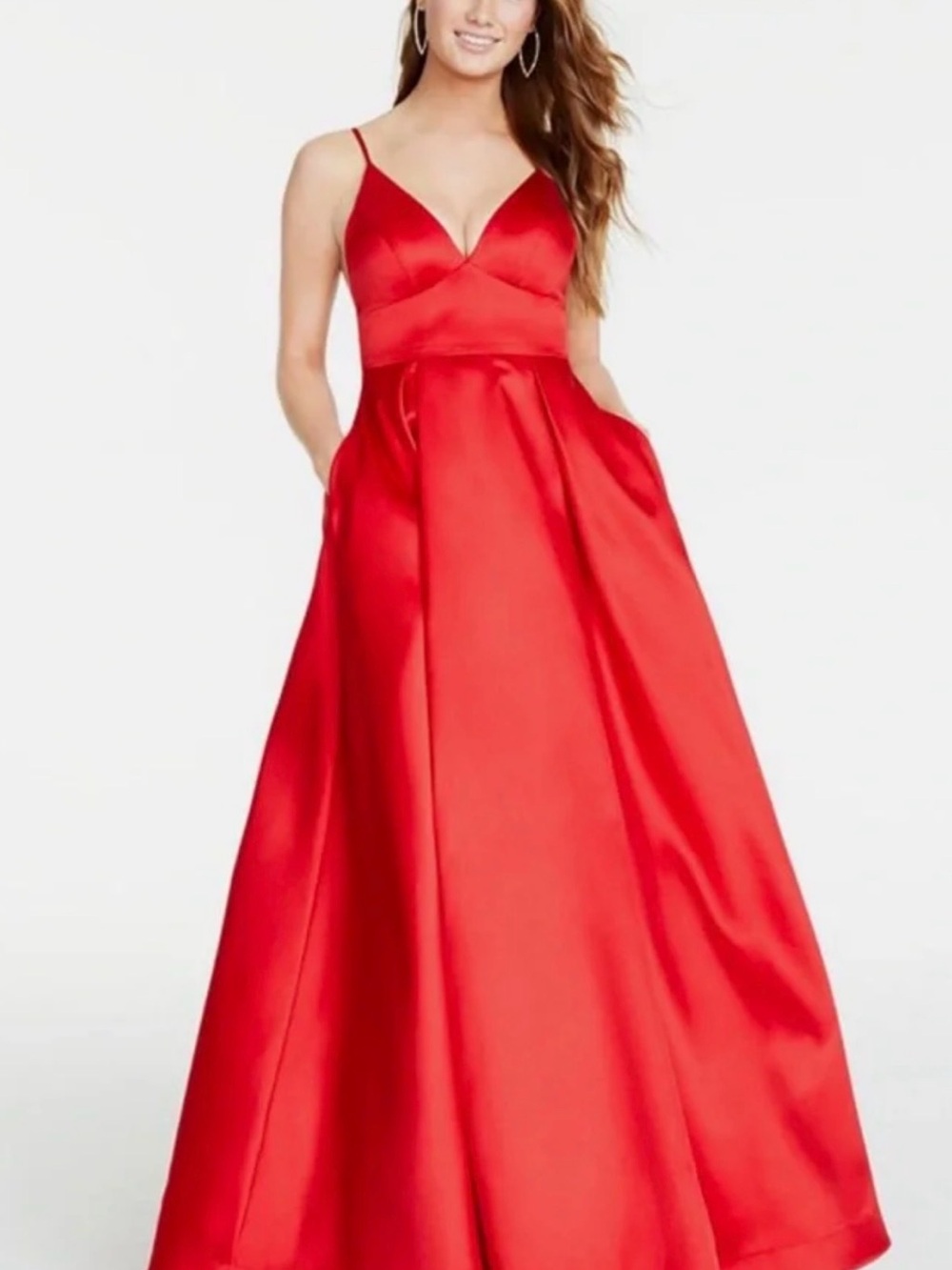 B Darlin Red Satin Spaghetti-Strap Evening Gown